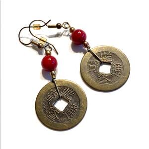 Vintage Boho style pierced earrings dangle & drop ancient coins red beads motif